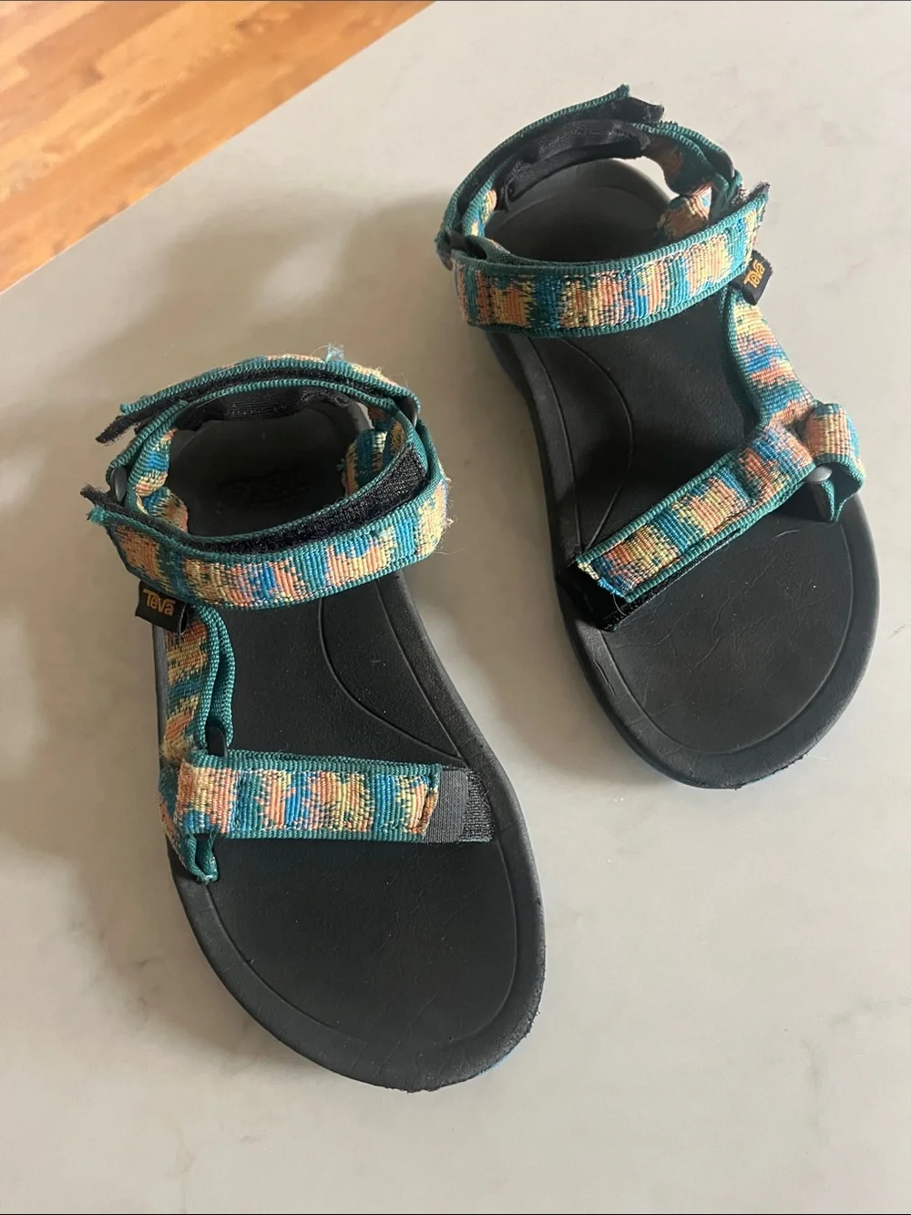 Teva Kids Adjustable Sport Sandals in Teal and Peach Pattern